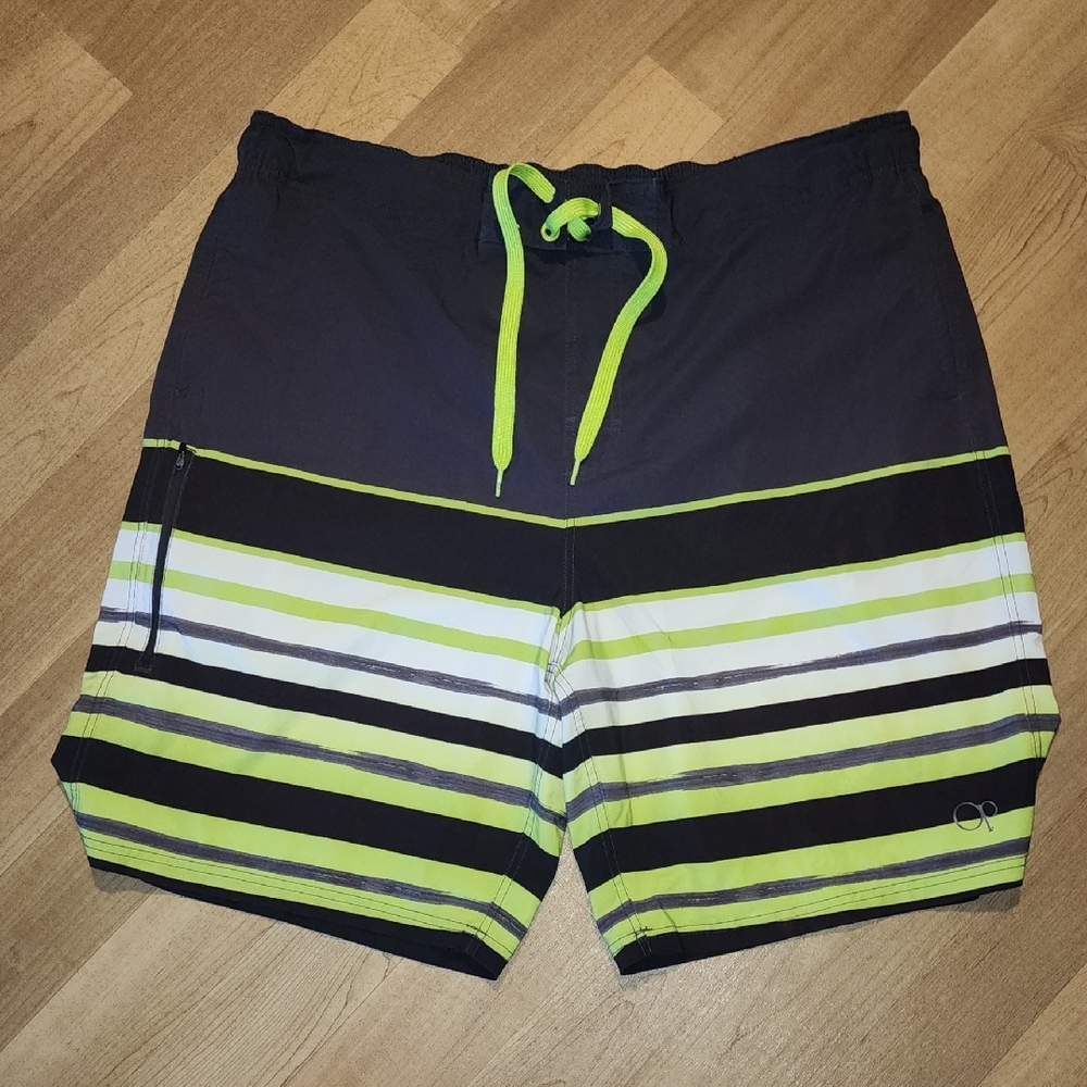 OP Men's Black and Green Swim Shorts